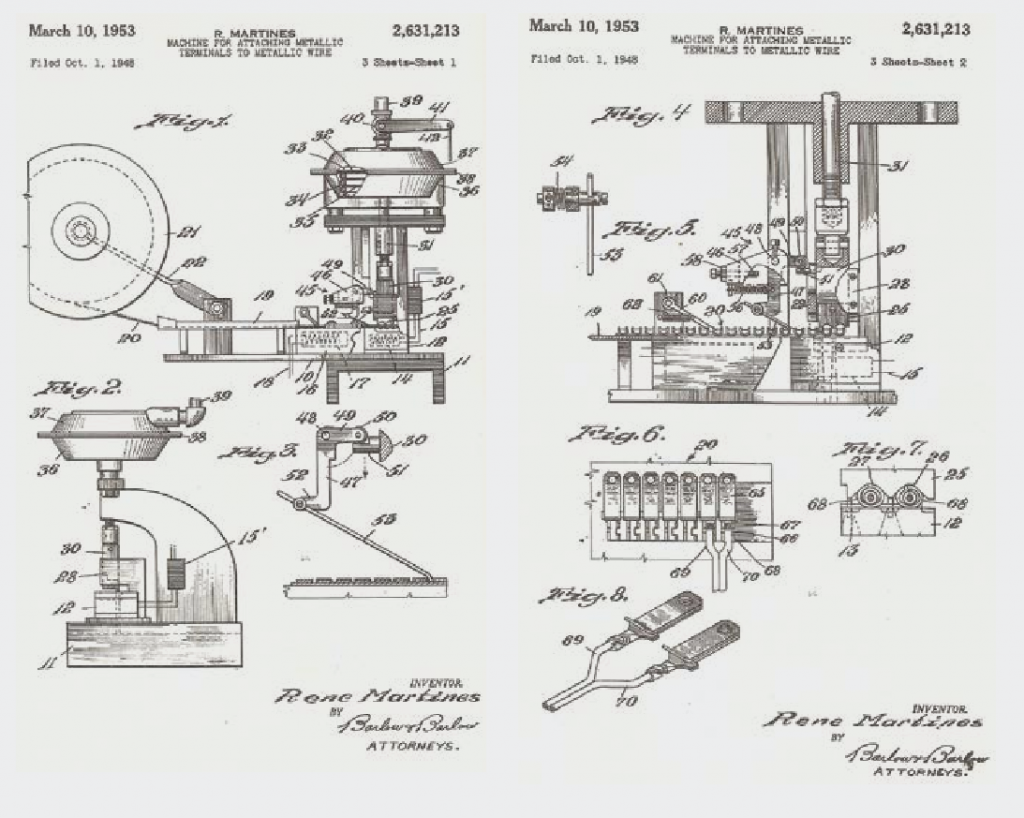 1953 patent drawing showing two terminals being attached at once from ETCO's 2020 brochure of electrical terminals and application machinery