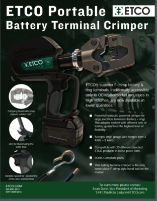 Flyer for ETCO's portable battery terminal crimper.