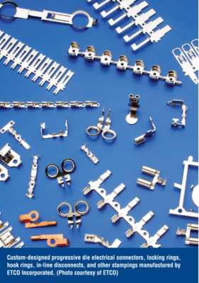 Custom-designed progressive die electrical connectors, locking rings, hook rings, in-line disconnects, and other stampings manufactured by ETCO Incorporated.