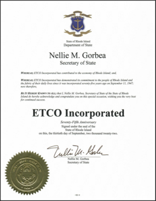 Rhode Island Secretary of State Nellie Gorbea recognizes ETCO's 75th Anniversary