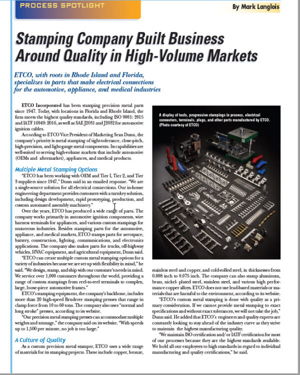 Stamping Company Built Business Around Quality in HighVolume Markets